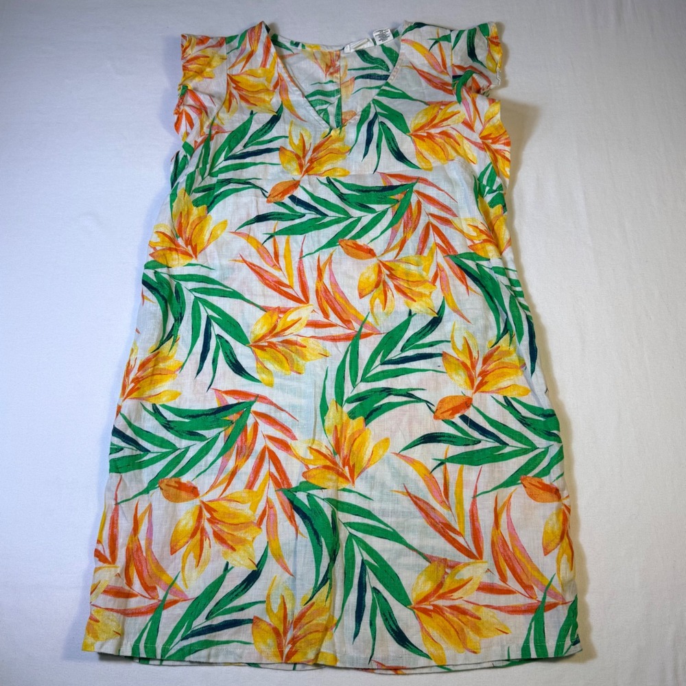 Nicole Miller Linen Tropical Floral Shift Dress S White Yellow Flutter Sleeve - Picture 2 of 15